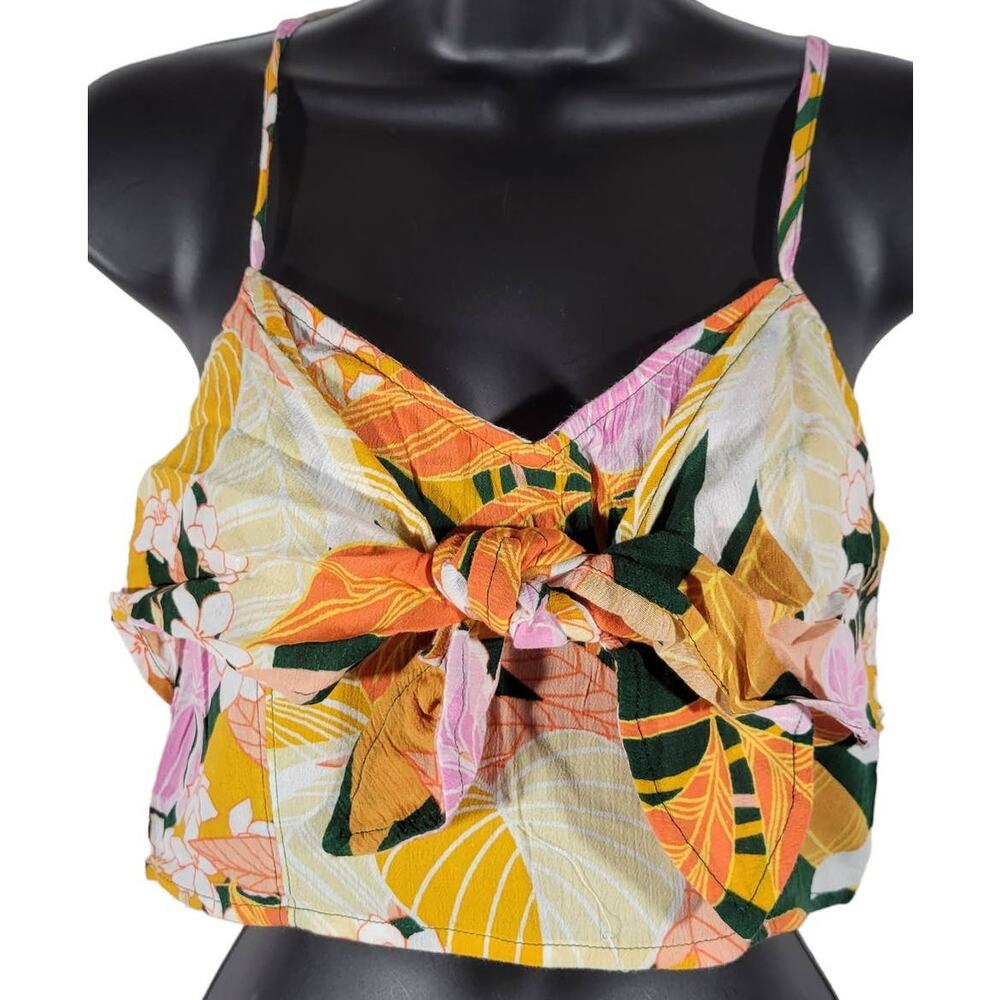 Aerie Smocked Crop Top Yellow Floral Print Tie Front Cami S
